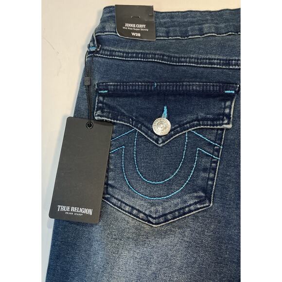 True Religion Woman’s Jennie Curvy Mid Rise Super Skinny Blue Stitch 29x29 NEW - Picture 7 of 8